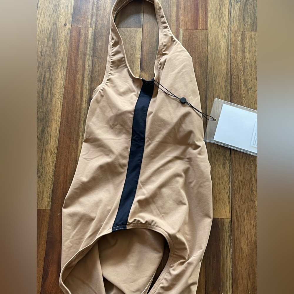 WARDROBE.NYC Striped OnePiece Swimsuit Khaki and Black Designer Swimwear - Picture 3 of 10